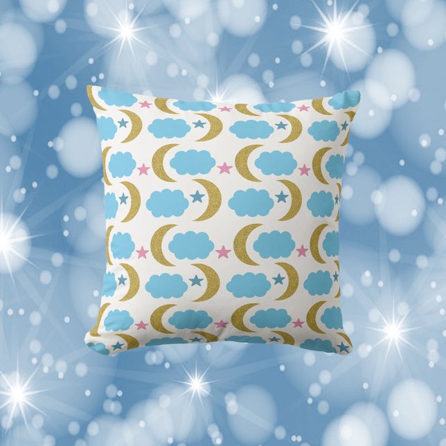 Moon Cloud Stars Faux Gold Glittern Cushion (A throw pillow with faux gold glitter moons and blue clouds.)