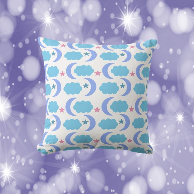 Moon Cloud Stars Pattern Purple Blue Cushion (A throw pillow with a moon, cloud and star pattern done in blue, purple and pink.)