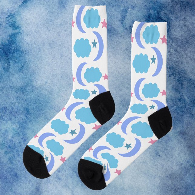 Moon Cloud Stars Pattern Purple Blue Socks (A pair of socks with a pattern of moon, stars and clouds in pink, purple and blue)