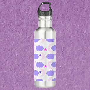 Moon Clouds and Stars Pattern Dark Purple Pink 710 Ml Water Bottle