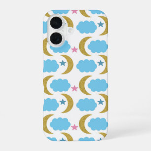 Moon Clouds Stars Faux Gold Glitter Blue iPhone 16 Case