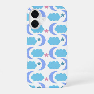 Moon Clouds Stars Pattern Blue Purple iPhone 16 Case