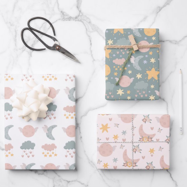 Moon Clouds Stars Wrapping Paper, Celestial Wrap Paper Sheet (Front)