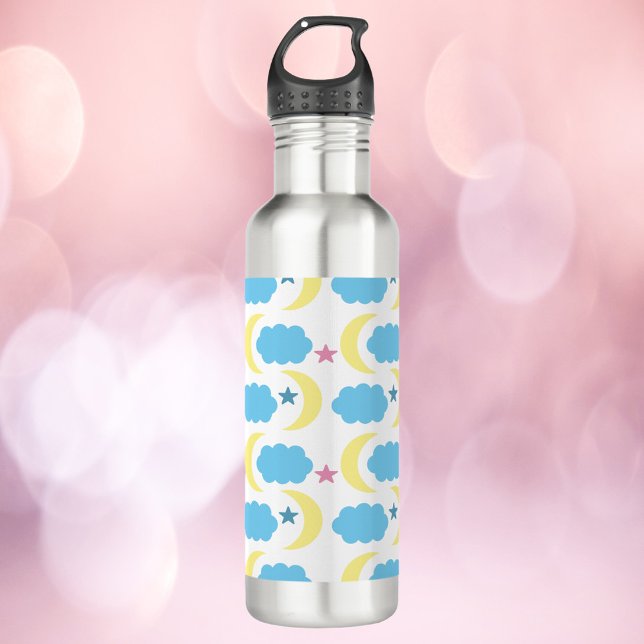 Moon Clouds Stars Yellow Blue Pattern 710 Ml Water Bottle (A cute water bottle with a moon, cloud and star pattern in yellow, pink and blue)