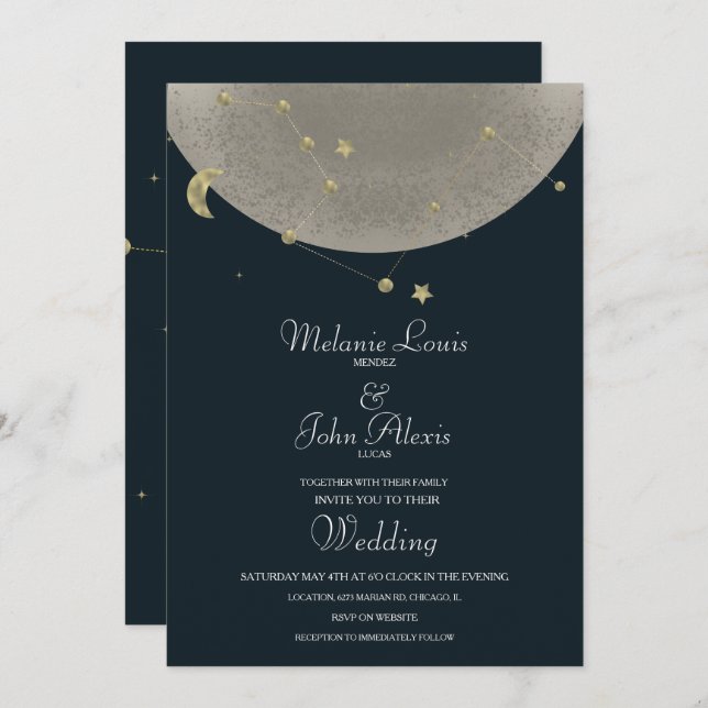 Moon Constellation Gold Celestial Blue Wedding Invitation (Front/Back)