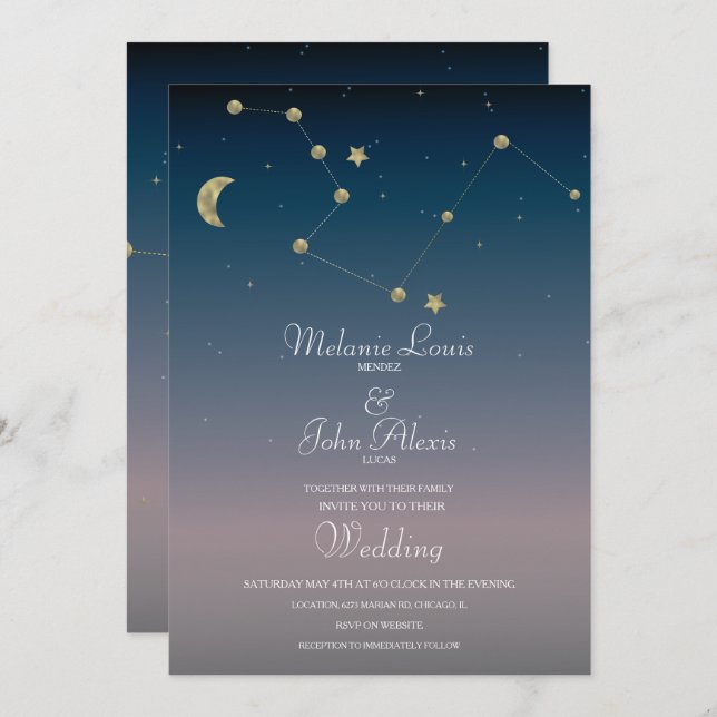 Moon Constellation Gold Foil Wedding Invitation (Front/Back)