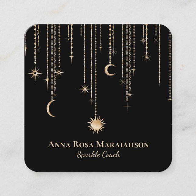 *~* Moon Cosmic Stars Gold Sparkle Sun Glitter Square Business Card (Front)