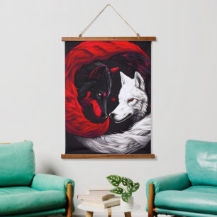 Moon Crimson Red White Wolf Hanging Tapestry