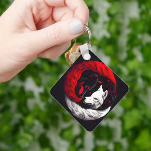 Moon Crimson Red White Wolf Key Ring