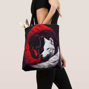 Moon Crimson Red White Wolf Tote Bag