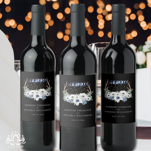 Moon Crystals Flowers Boho Metaphysical Wedding  Wine Label (Creator Uploaded)