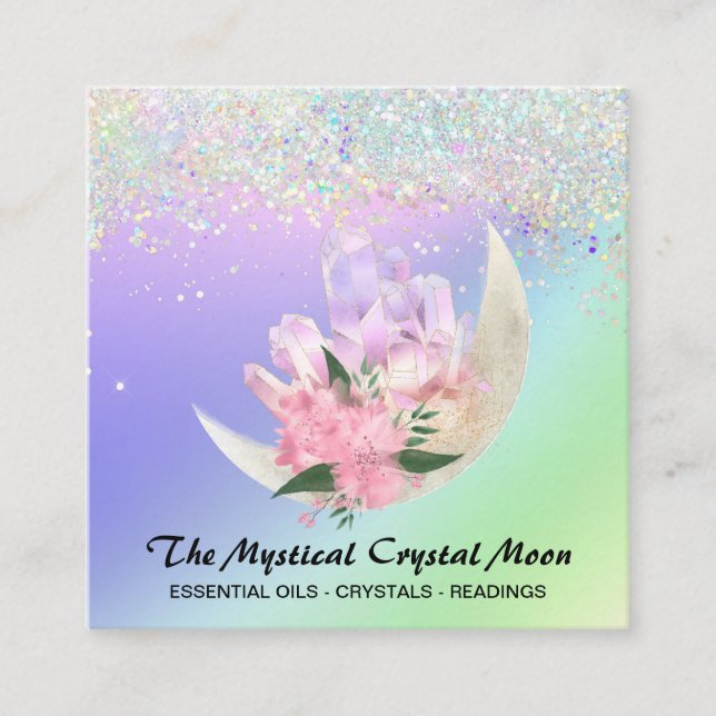 *~* Moon Crystals Mystic Floral OMBRE Holo Glitter Square Business Card (Front)