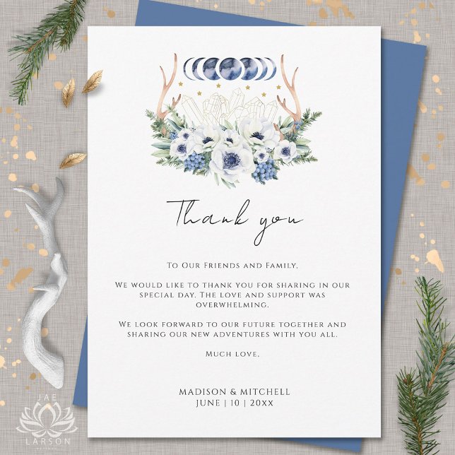 Moon Crystals White Blue Flowers Boho Metaphysical Thank You Card (Creator Uploaded)