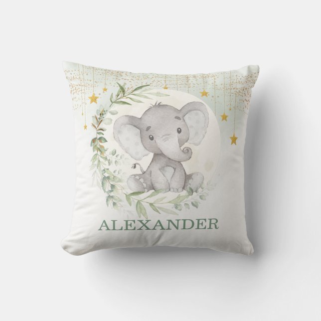 Moon Elephant Greenery Gold Twinkle Little Star Cushion (Front)