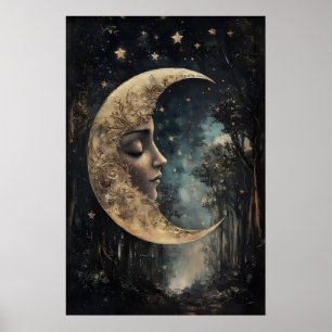 Moon Face In Forest Print, Gothic Witchy Poster