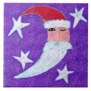 Moon Face Santa Claus Abstract Art Ceramic Tile