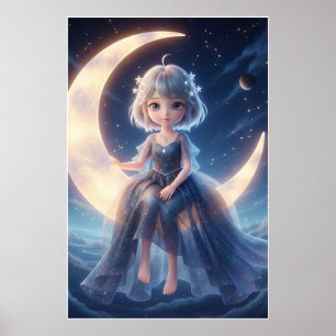 Moon Fairy Starry Night Art Poster