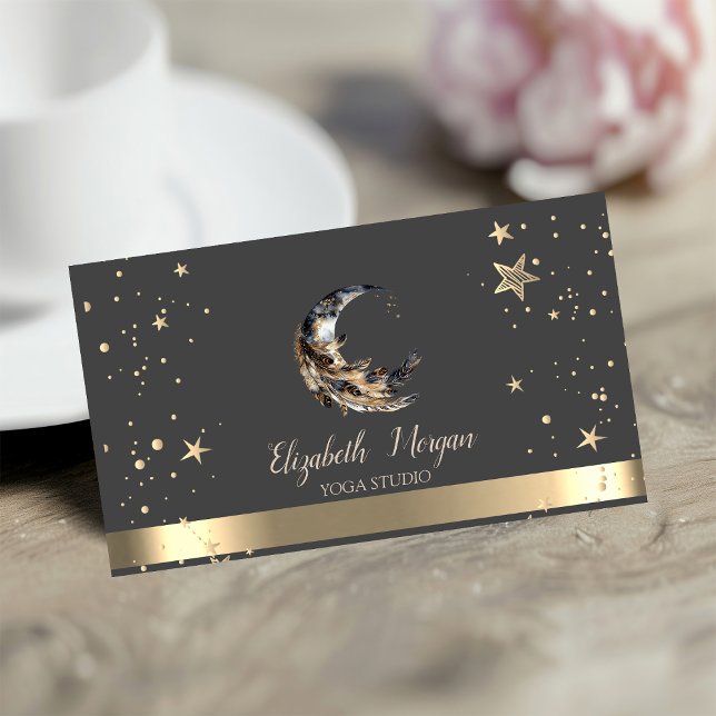 Moon Feather Gold Stars Yoga Studio Business Card (Creator Uploaded)