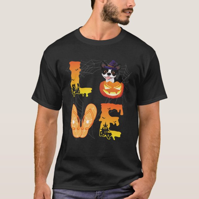 Moon Flip Flop Spider Pumpkin Boston Terrier LOVE  T-Shirt (Front)
