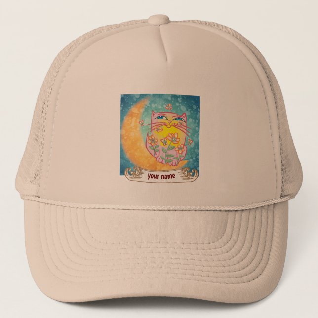 Moon Flowers cat Trucker Hat (Front)
