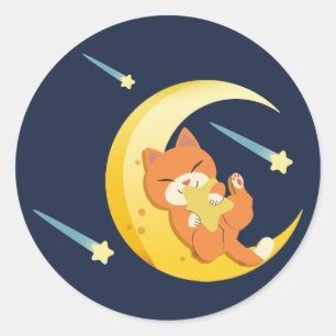 Moon Galaxy Cool Orange Cat Stars Space Classic Round Sticker