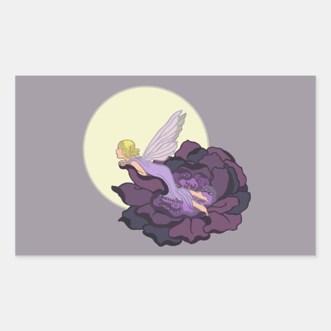 Moon Gazing Purple Flower Fairy Evening Sky Rectangular Sticker (Front)