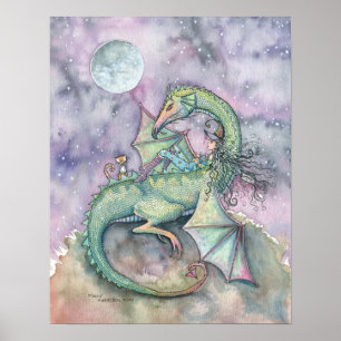 Moon Gazing Witch Dragon Cat Poster