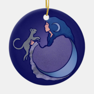 Moon Goddess Cat Witch Ceramic Ornament