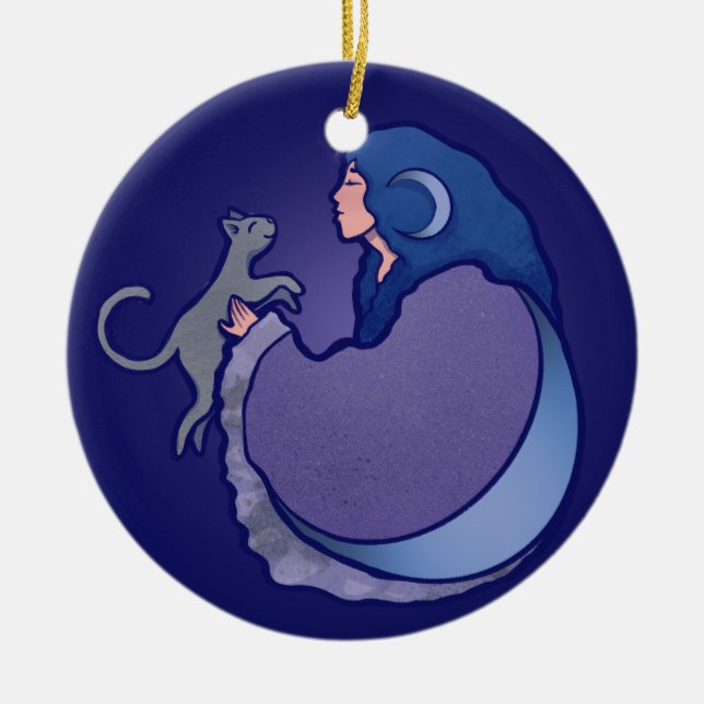 Moon Goddess Cat Witch Ceramic Ornament (Front)