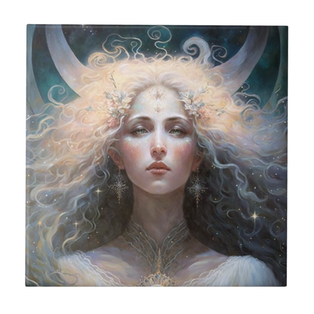 Moon Goddess Fantasy Art Ceramic Tile (Front)