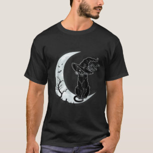 Moon Halloween Scary Black Cat Costume Witch Hat W T-Shirt