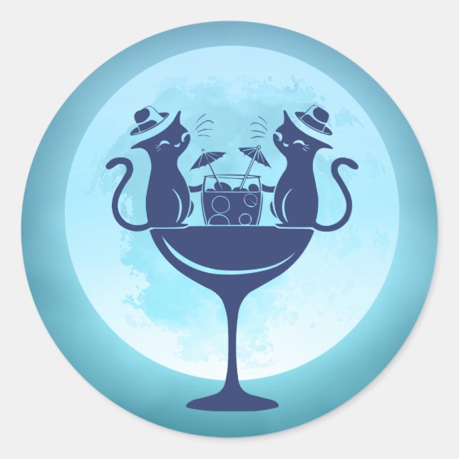 Moon Having Cocktails Party Cats Classic Round Sticker (Front)