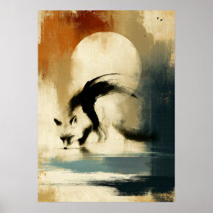 Moon Kitsune Japanese Sumi-E Abstract Fox Wall Art