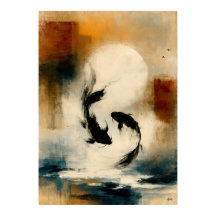 Moon Koi Japanese Sumi-E Abstract Fish Wall Art