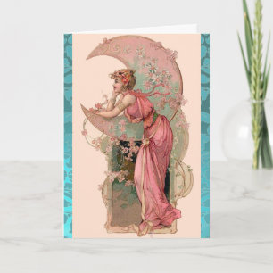 MOON LADY,FLOWERS  AND ROSES,PINK BLUE DAMASK CARD