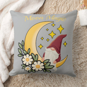 Moon Magic Cute Gnome on Crescent Moon Floral  Cushion