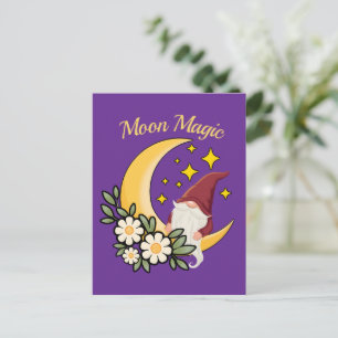 Moon Magic Cute Gnome on Crescent Moon Floral Illu Postcard