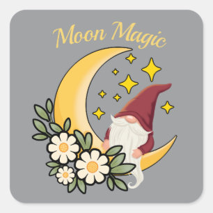 Moon Magic Cute Gnome on Crescent Moon Floral Illu Square Sticker
