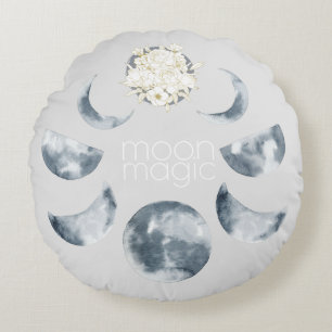 Moon Magic Moon Phase & Floral Pattern Round Cushion