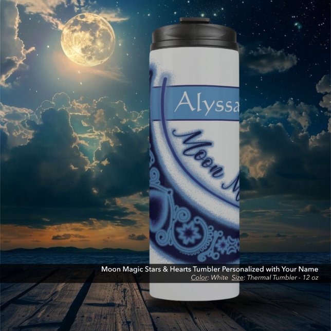 Moon Magic Stars Hearts Celestial Name White Thermal Tumbler (Moon Magic Stars and Hearts Celestial White Thermal Tumbler Personalized with Your Name.)