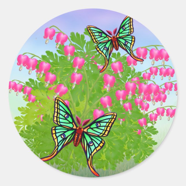 Moon Moths on Bleeding Heart Flowers Sticker (Front)