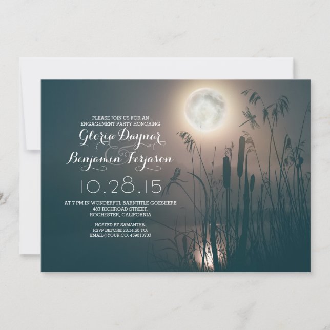 moon night dragonfly &water grass engagement party invitation (Front)