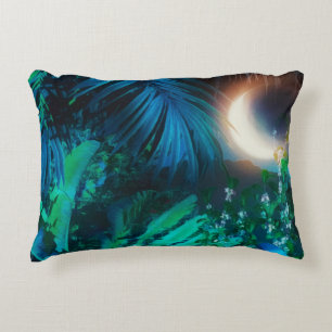 Moon Night Tropical Jungle Leaves Silver Blue Decorative Cushion