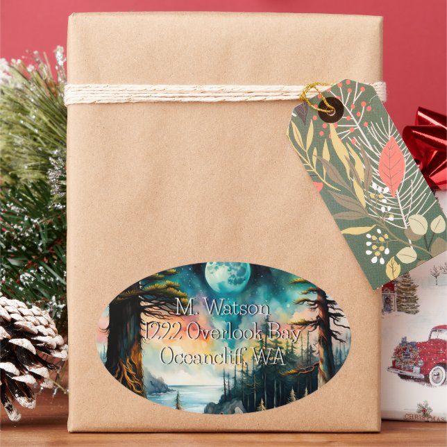 Moon over an Ocean Bay Address Oval Sticker (Holiday)