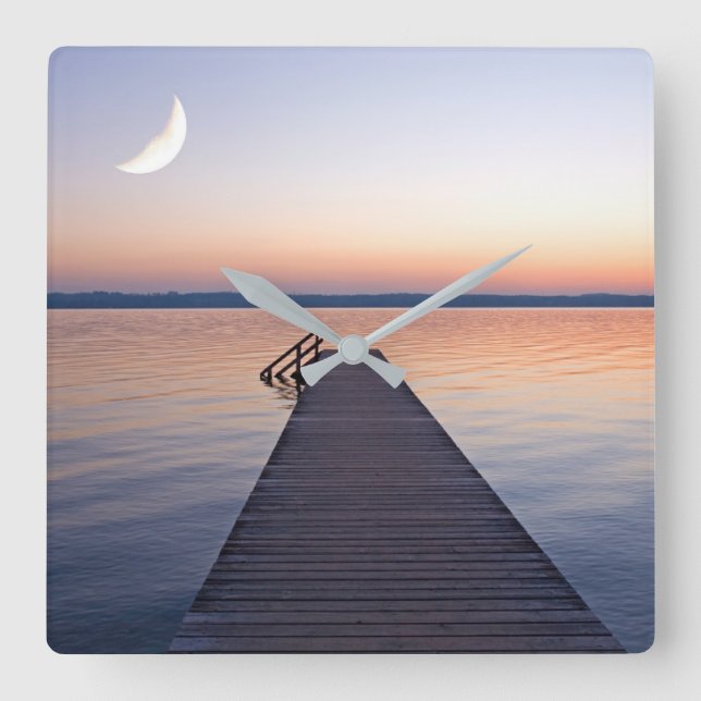 Moon Over Buscharner Footbridge | Starnberg Lake Square Wall Clock (Front)