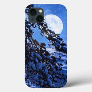 Moon over snowy fir tree and sea coast at night iPhone 13 case