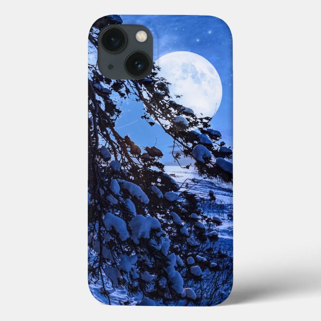 Moon over snowy fir tree and sea coast at night Case-Mate iPhone case (Back)