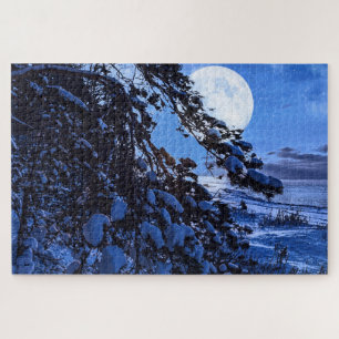 Moon over snowy fir tree and sea coast at night jigsaw puzzle
