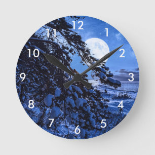 Moon over snowy fir tree and sea coast at night round clock