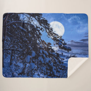 Moon over snowy fir tree and sea coast at night sherpa blanket